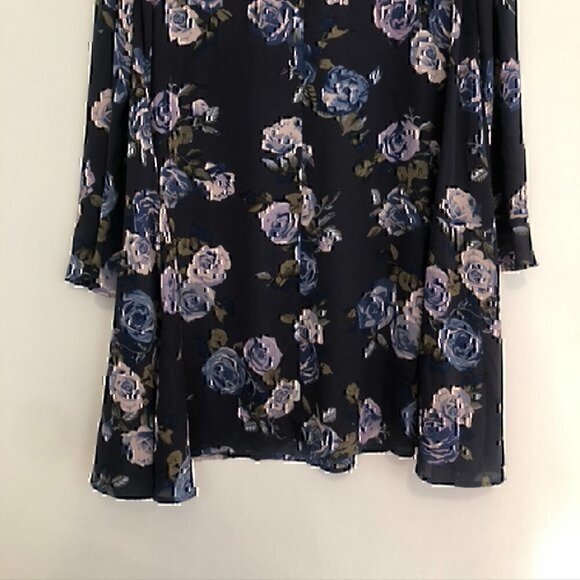 BELLE BADGLEY MISCHKA Navy Blue Green Rose Floral Long Flare Sleeve Shift Dress - Picture 10 of 12